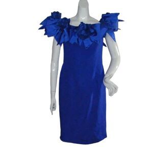 VICTOR COSTA/Lord & Taylor Dress, Vintage 12, Statement shoulders, Blue, Flowers